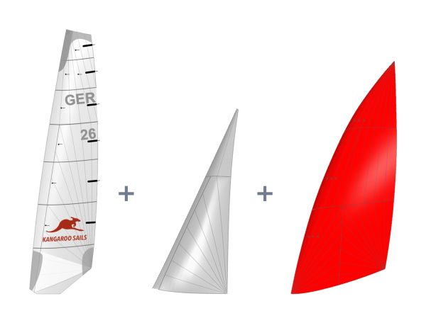 F18-Segelsatz: Großsegel, Fock, Spinnaker